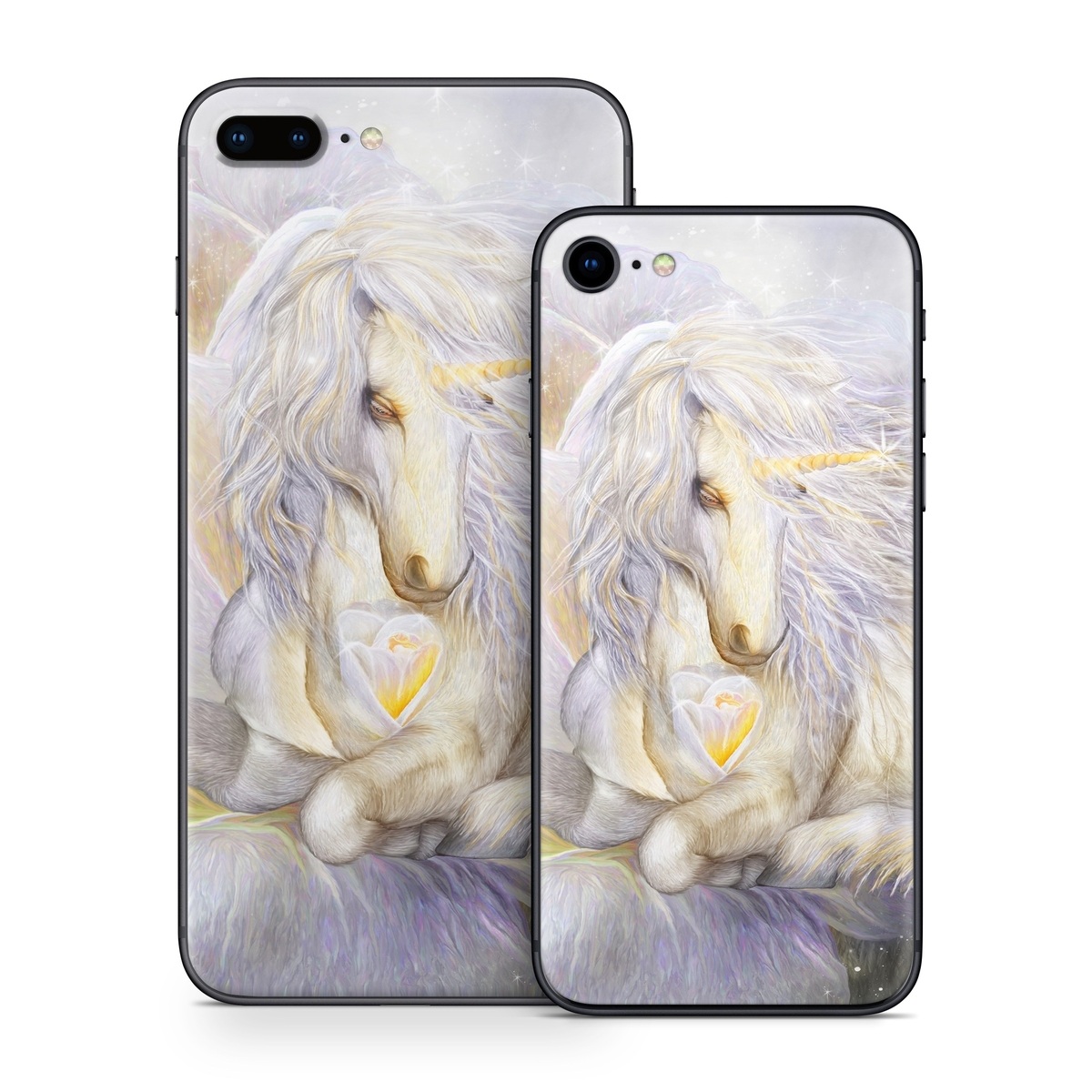 iPhone 8 Series Skin design of Fictional character, Mythical creature, Unicorn, Sky, Mythology, Supernatural creature, Illustration, with gray, black, green, pink, blue colors