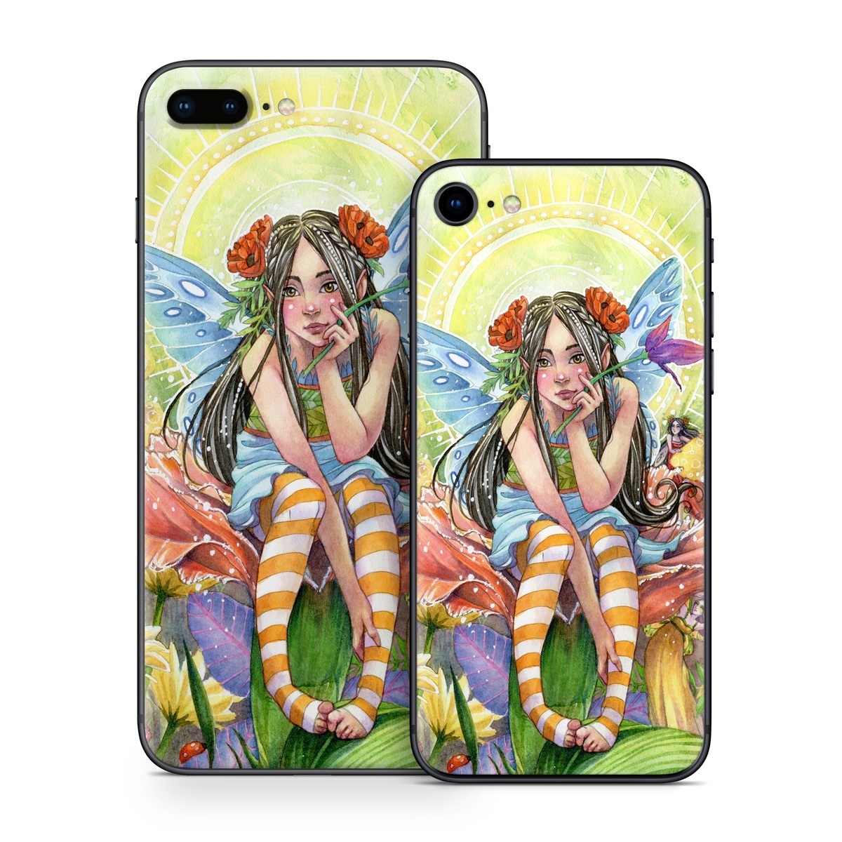 iPhone 8 Series Skin design of Fictional character, Illustration, Art, Plant, Painting, Wildflower, Mythical creature, with gray, green, black, yellow, red colors