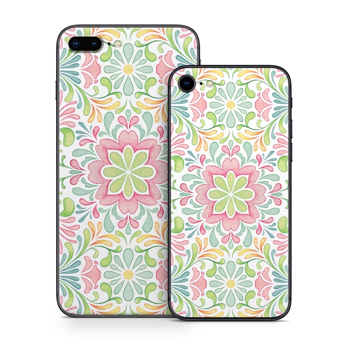 iPhone 8 Series Skin design of Pattern, Pink, Visual arts, Design, Textile, Wrapping paper, Symmetry, Floral design, Motif, with gray, white, pink, green colors
