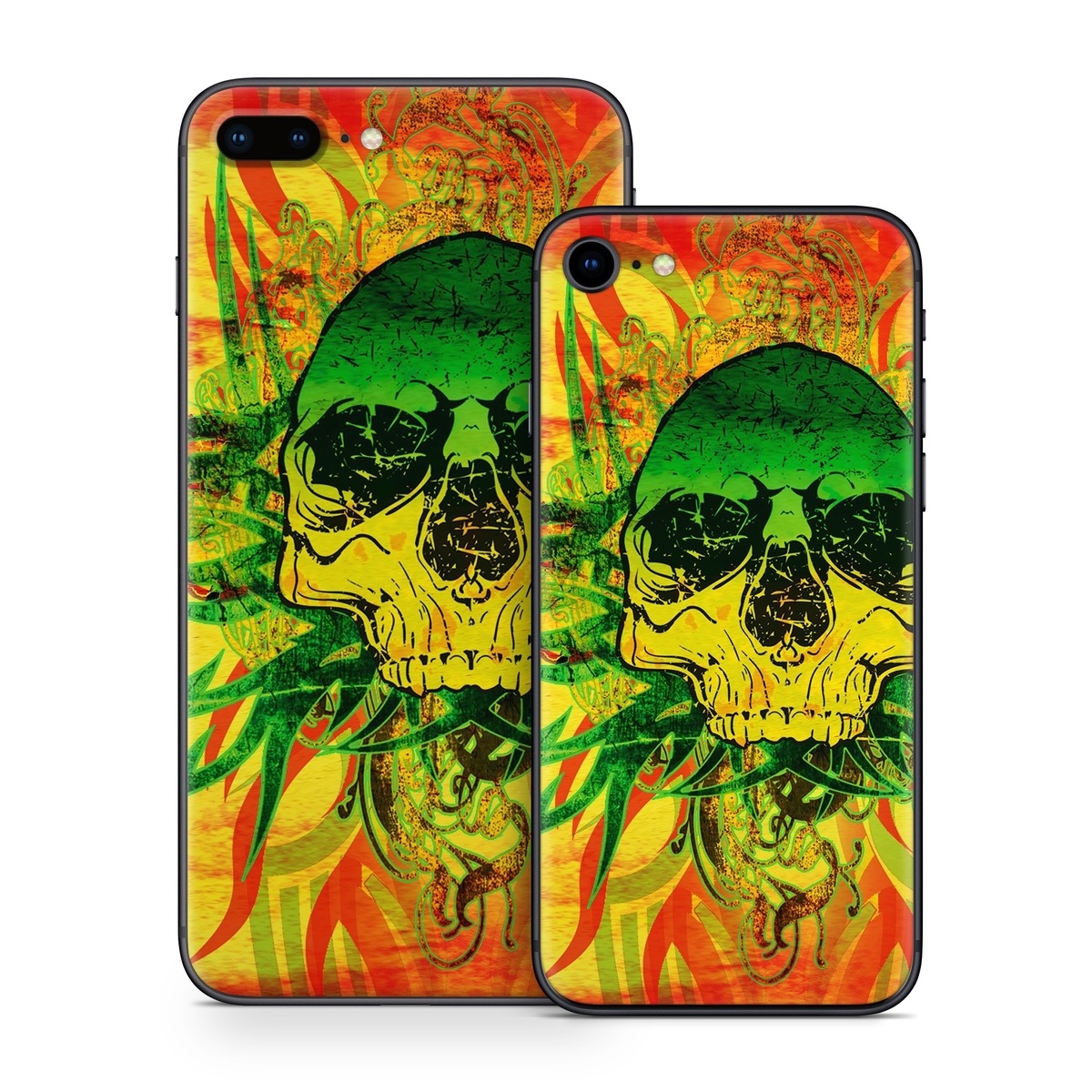 iPhone 8 Series Skin design of Psychedelic art, Skull, Illustration, Bone, Art, Graphic design, Visual arts, Poster, Plant, Painting, with green, orange, black, red colors