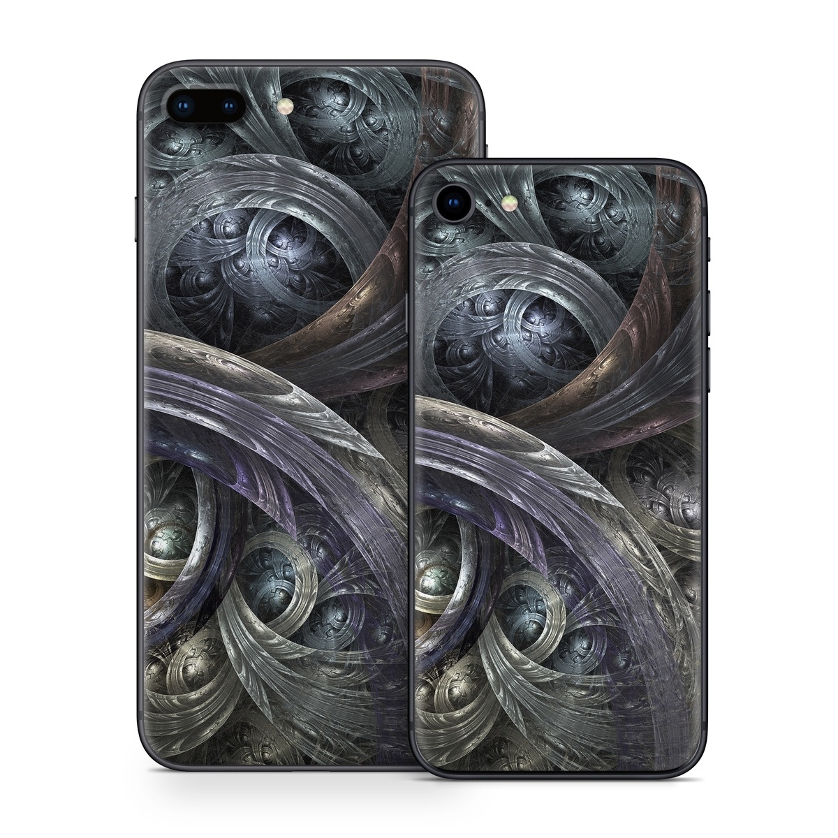 iPhone 8 Series Skin design of Fractal art, Graphic design, Art, Cg artwork, Darkness, Circle, Pattern, Illustration, Graphics, Metal, with black, gray, blue colors