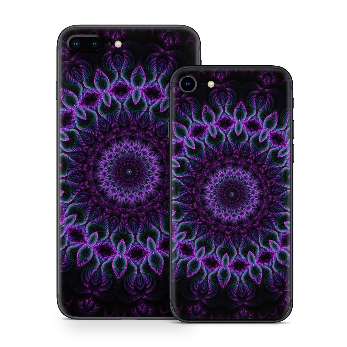 iPhone 8 Series Skin design of Colorfulness, Pattern, Purple, Violet, Magenta, Red, Pink, Art, Fractal Art, Visual Arts, Design, Circle, Symmetry, Psychedelic Art, Motif, Kaleidoscope, Graphics, with black, purple, blue, white colors