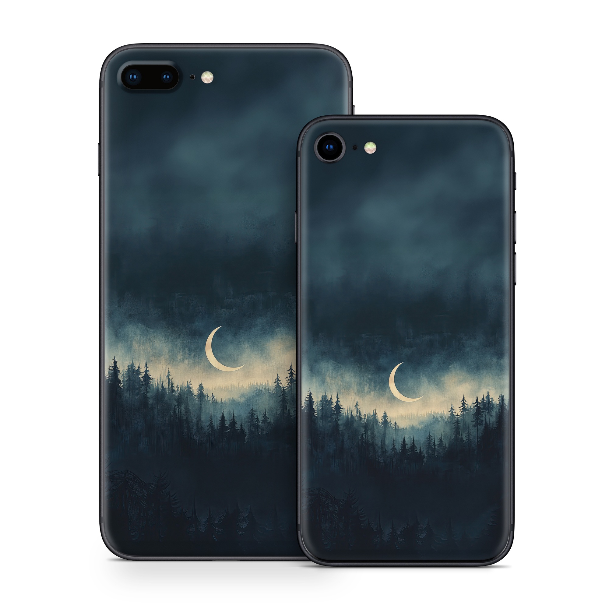 iPhone 8 Series Skin design of Cloud, Sky, Atmosphere, Moon, Ecoregion, Crescent, Natural landscape, Tree, Plant, Dusk, with black, blue, white, gray colors