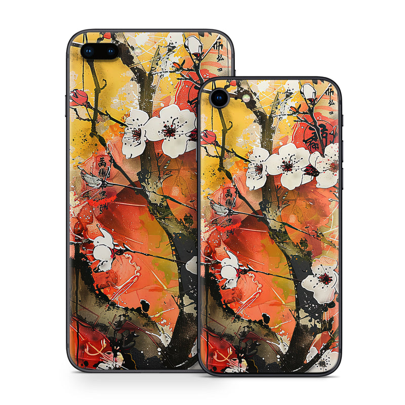 iPhone 8 Series Skin design of Yellow, Orange, Visual arts, Pink, Twig, Blossom, Creative arts, Paint, Floral design, Modern art, with yellow, red, white, black, brown, gray, pink colors