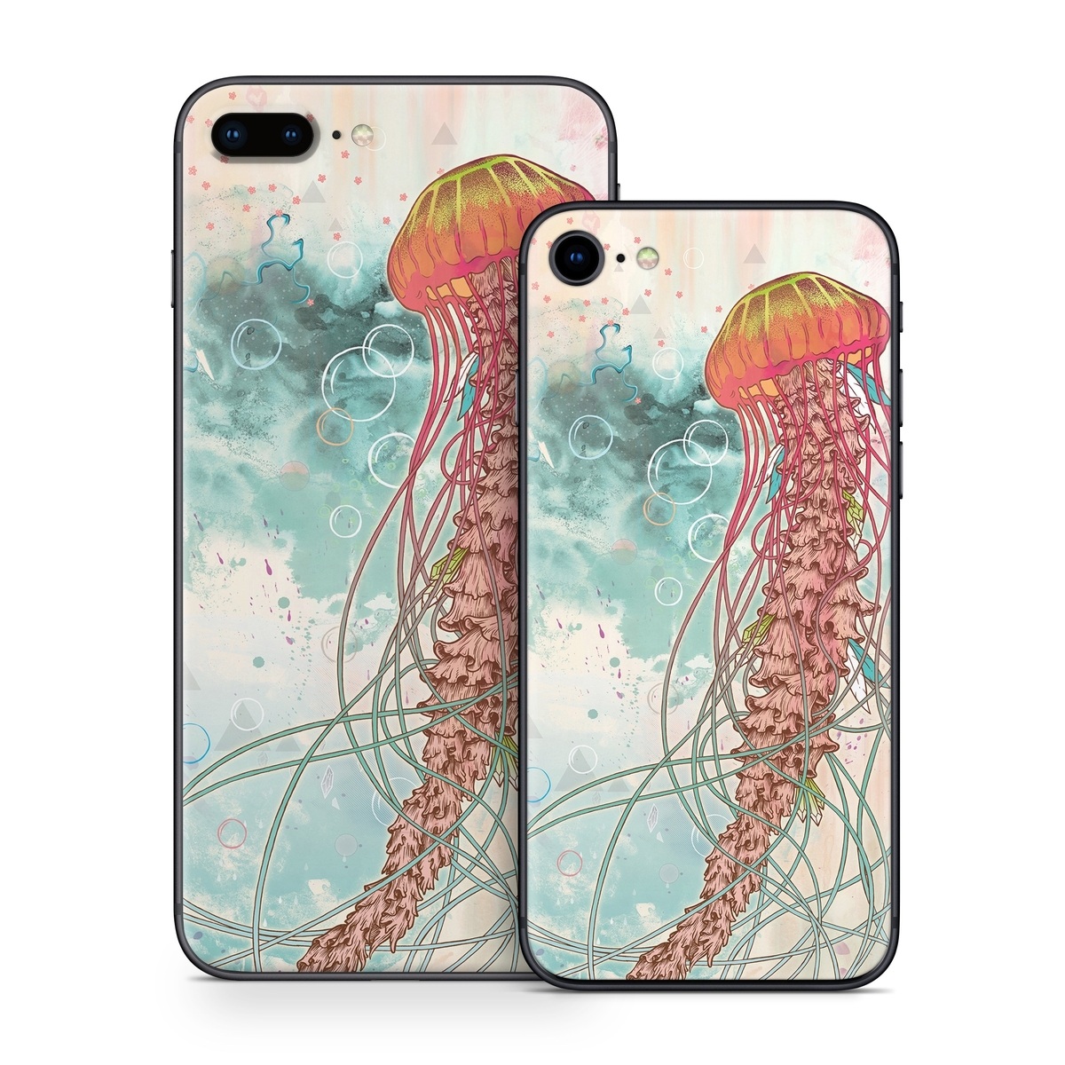 iPhone 8 Series Skin design of Jellyfish, Illustration, Water, Cnidaria, Marine invertebrates, Organism, Portuguese man o' war, Art, Nepenthes, Invertebrate, with gray, pink, yellow, red, green colors