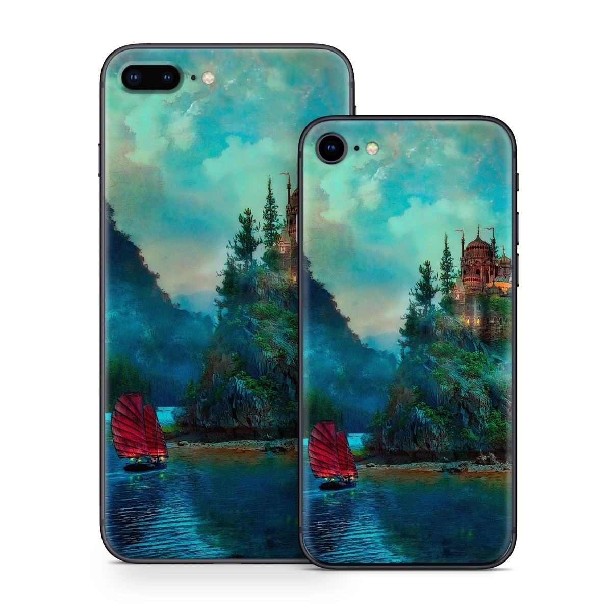 iPhone 8 Series Skin design of Nature, Natural landscape, Sky, Painting, Landscape, Illustration, Watercolor paint, Art, Calm, Water castle, with black, gray, blue, green colors