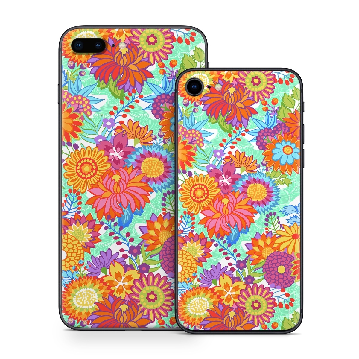 iPhone 8 Series Skin design of Pattern, Floral design, Orange, Flower, Design, Textile, Plant, Wildflower, Wrapping paper, Visual arts, with gray, orange, green, purple colors