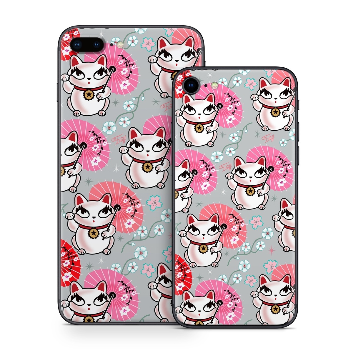 iPhone 8 Series Skin design of Pink, Red, Cartoon, Design, Line, Textile, Pattern, Illustration, Smile, Fictional character, with white, red, pink, gray, blue, black colors