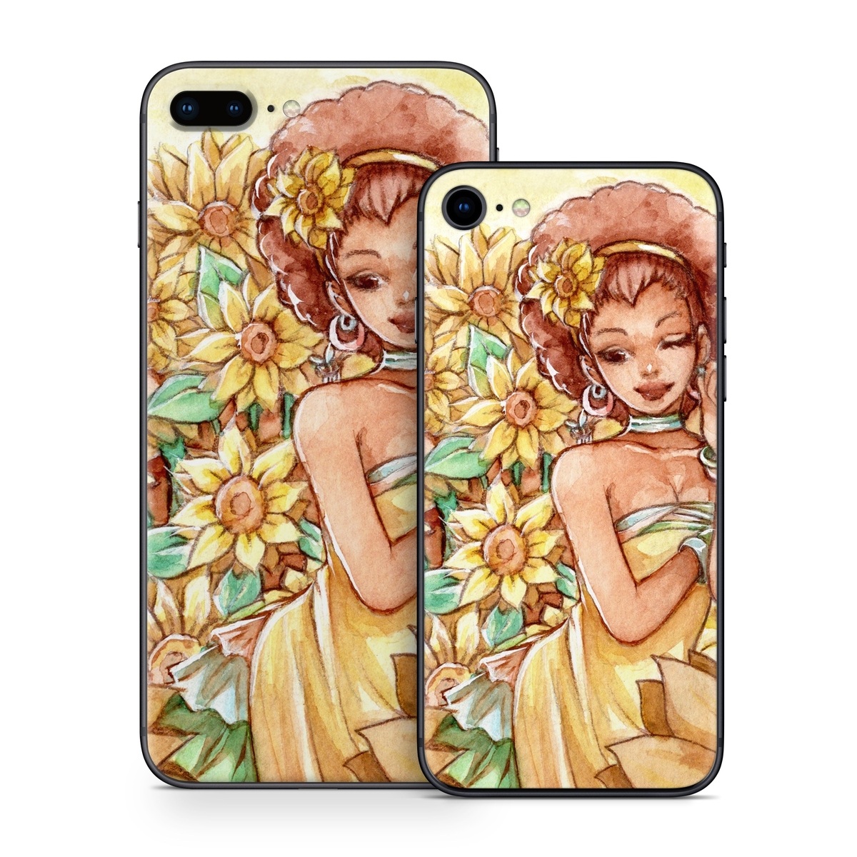 iPhone 8 Series Skin design of Painting, Illustration, Art, Fictional character, Plant, Flower, Clip art, with yellow, orange, brown, green colors