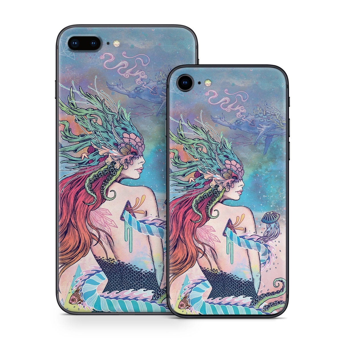 iPhone 8 Series Skin design of Illustration, Fictional character, Art, Cg artwork, Fiction, Mythology, Painting, Mermaid, with blue, purple, green, red, yellow, pink colors