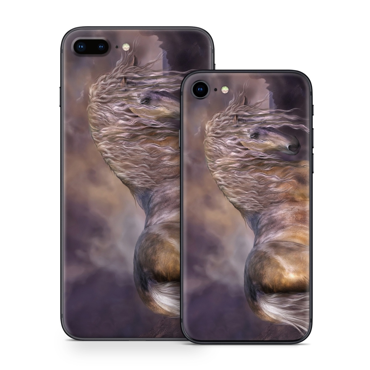 iPhone 8 Series Skin design of Horse, Mane, Stallion, Mustang horse, Fictional character, Mare, Painting, Wildlife, Mythical creature, with black, gray, red, blue, green colors