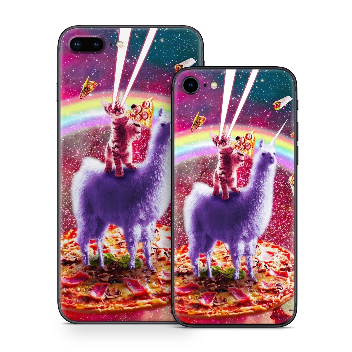 iPhone 8 Series Skin design of Llama, Unicorn, Fictional character, Illustration, Graphic design, Livestock, Camelid, Mythical creature, Graphics, Art, with red, white, yellow, gray, purple, blue, green colors