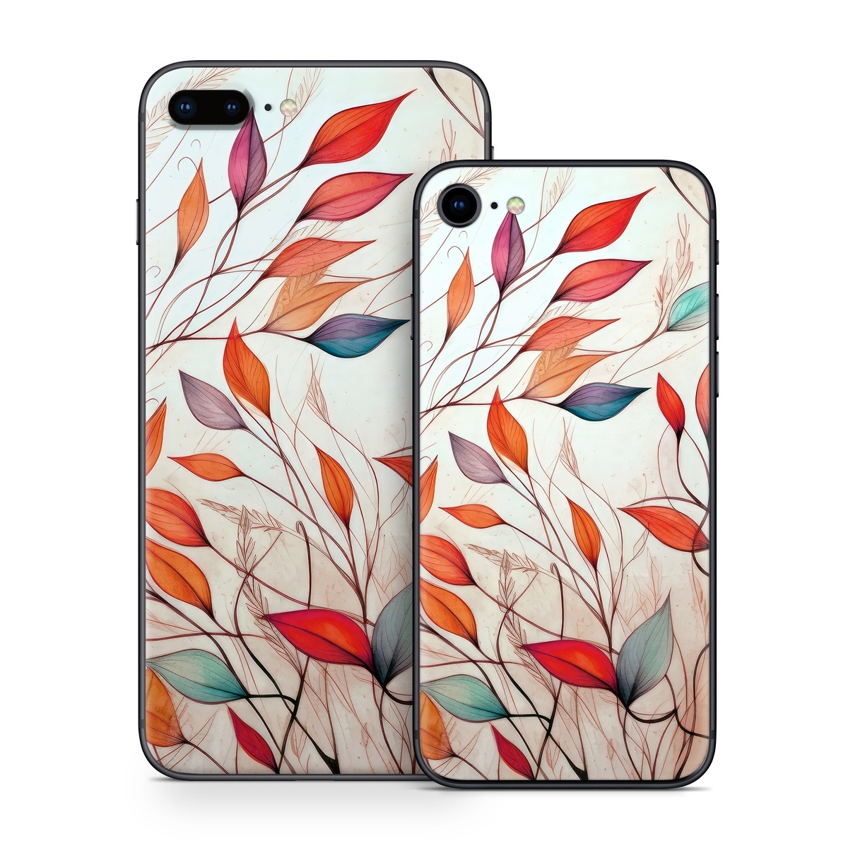 iPhone 8 Series Skin design of Plant, Vertebrate, Art paint, Nature, Botany, Leaf, Branch, Twig, Textile, Orange, with yellow, orange, red, white, brown, blue colors