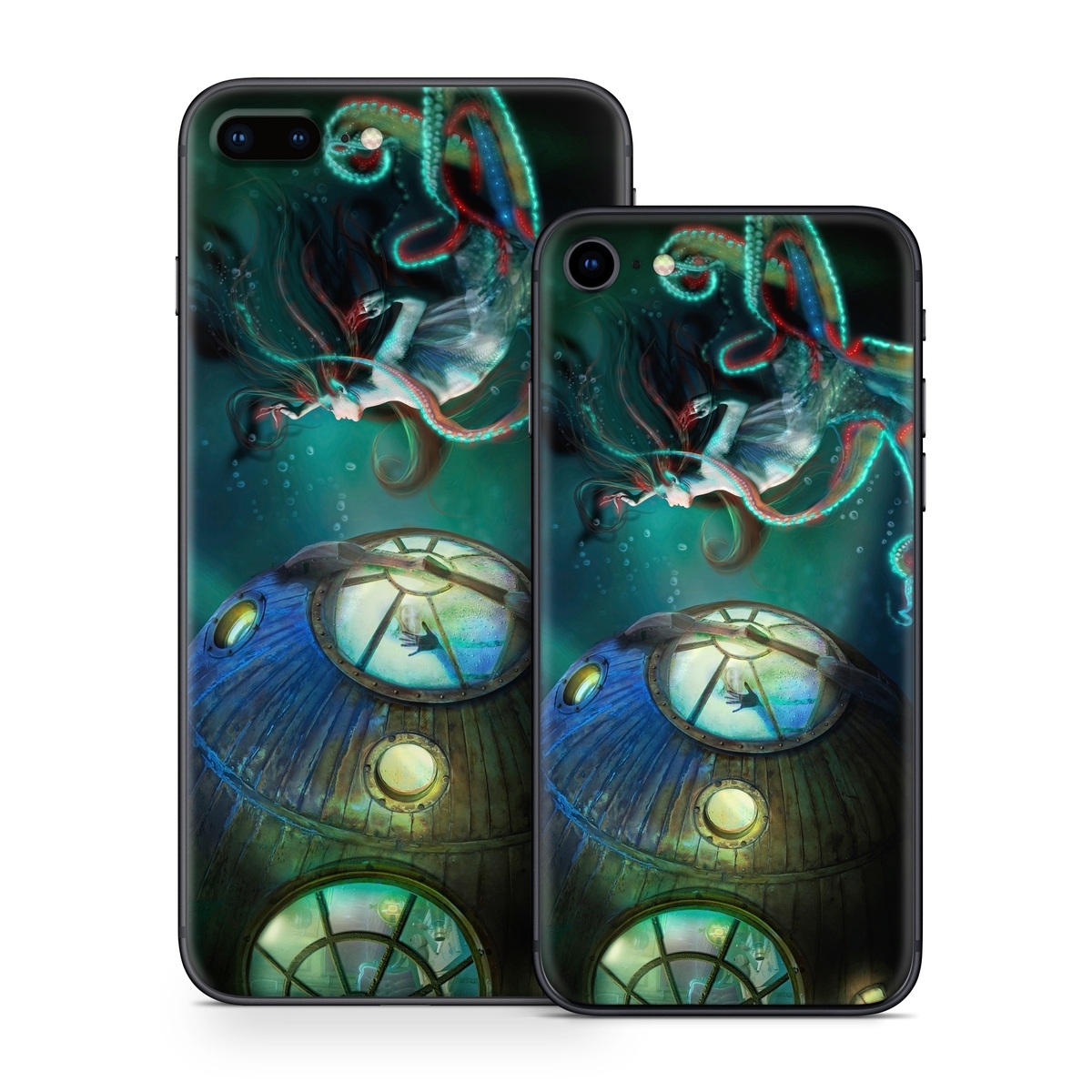iPhone 8 Series Skin design of Cg artwork, Illustration, Art, Fictional character, Fiction, Space, Fractal art, Graphic design, Mythology, Graphics, with black, gray, blue, green colors