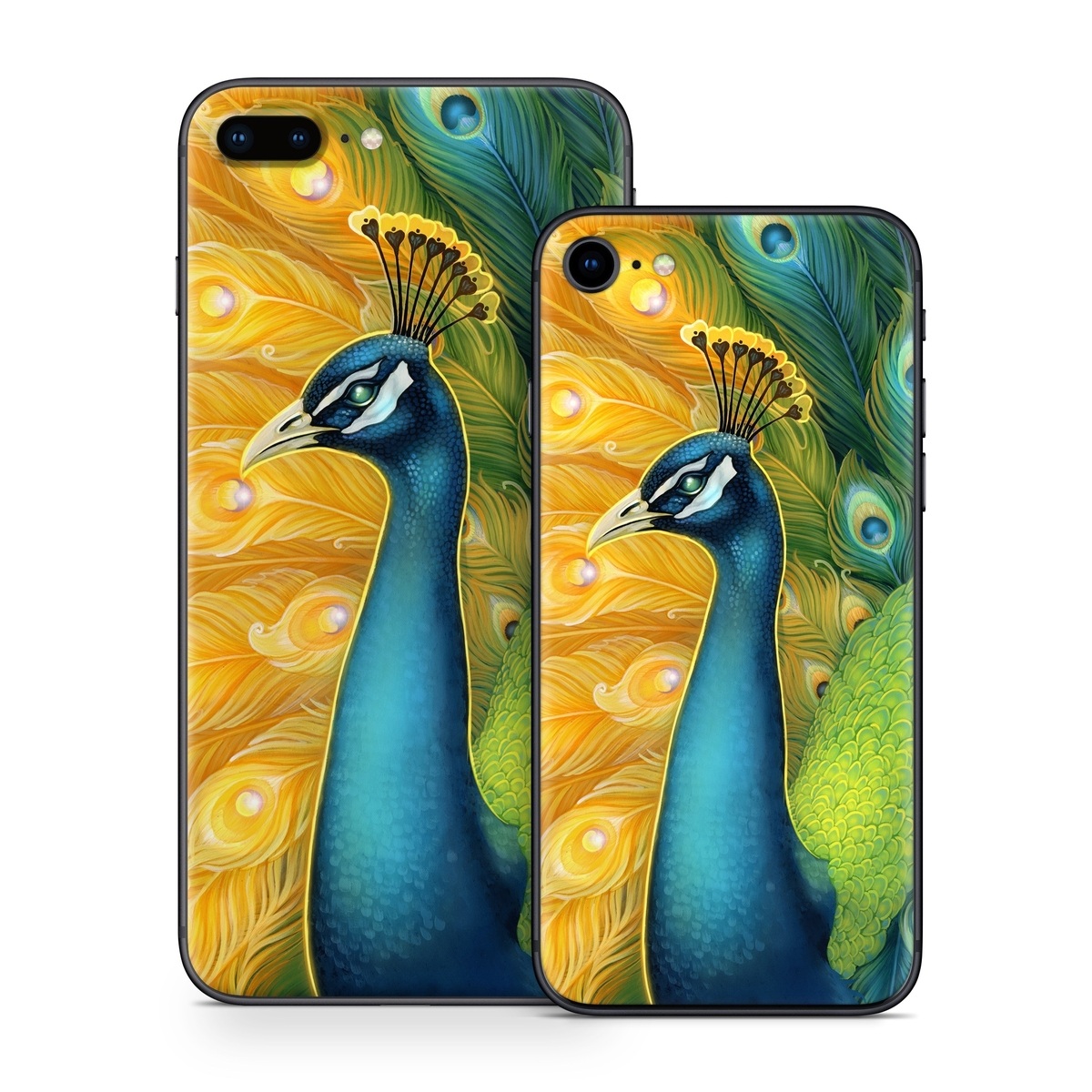 iPhone 8 Series Skin design of Bird, Peafowl, Phasianidae, Beak, Organism, Art paint, Galliformes, Art, Feather, Painting, with yellow, orange, green, blue, white, black colors