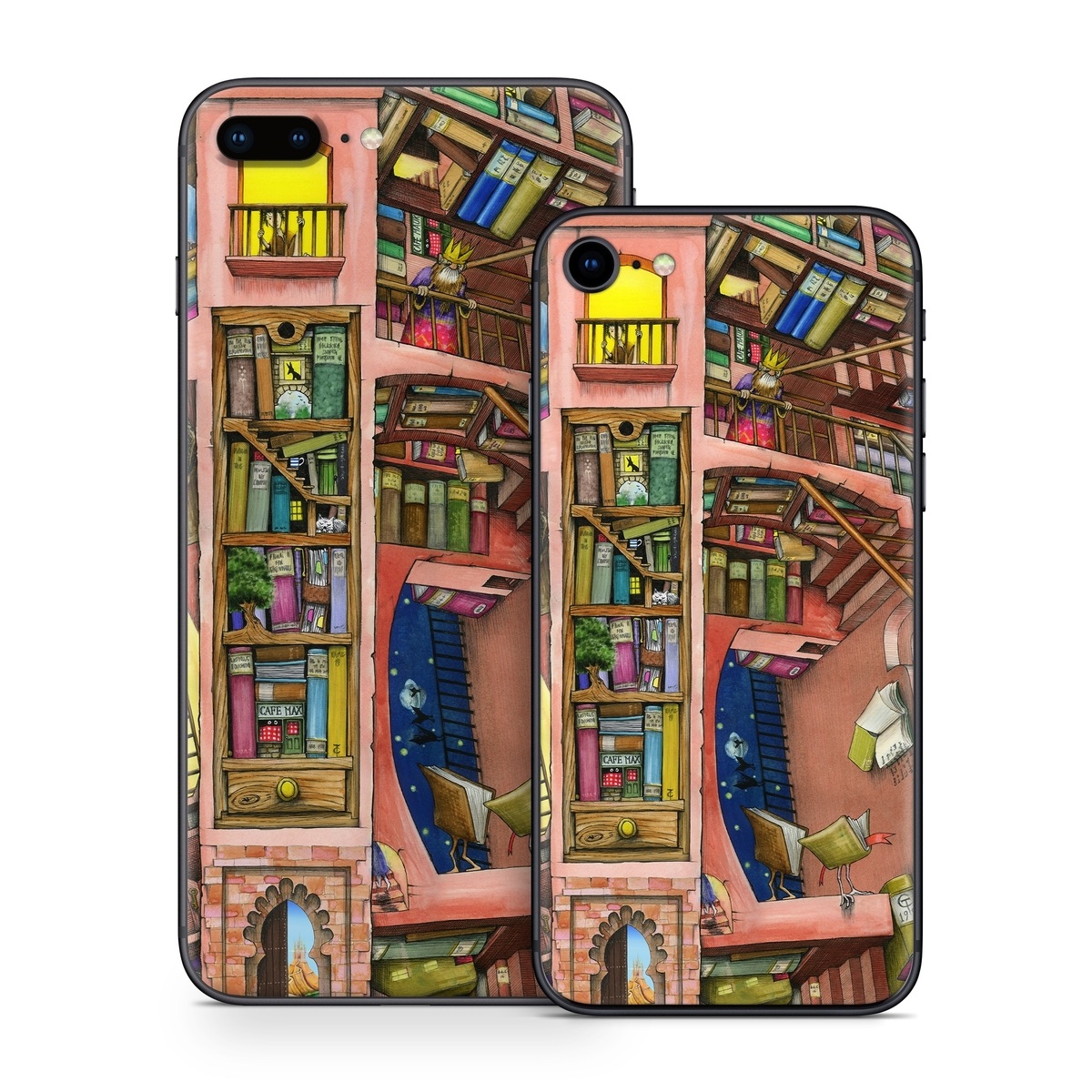 iPhone 8 Series Skin design of Cartoon, Building, Art, Architecture, Design, Fun, Retail, Illustration, Neighbourhood, Room, with pink, yellow, blue, red, orange, brown colors