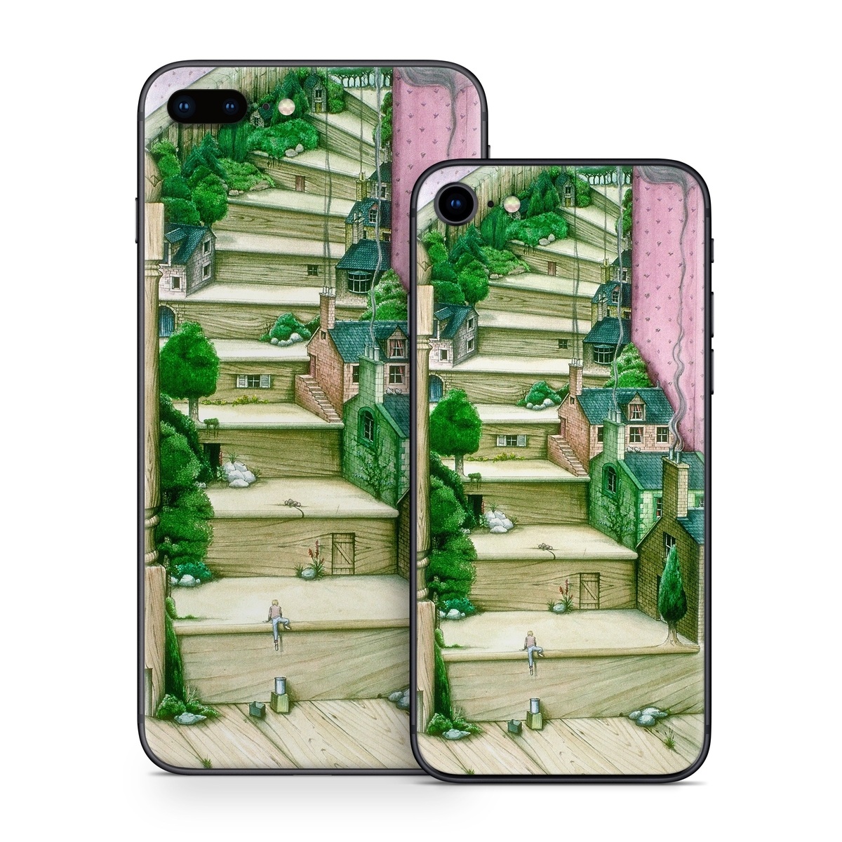 iPhone 8 Series Skin design of Green, Stairs, House, Watercolor paint, Home, Illustration, Building, Wood, Plant, Sketch, with pink, green, brown colors
