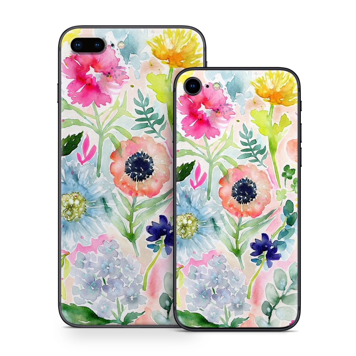 iPhone 8 Series Skin design of Flower, Watercolor paint, Plant, Flowering plant, Pattern, Floral design, Botany, Petal, Wildflower, Design, with green, pink, yellow, orange, blue, red, purple colors