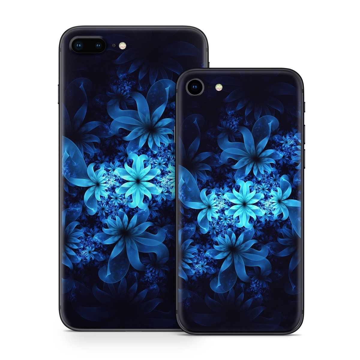 iPhone 8 Series Skin design of Nature, Blue, Petal, Organism, Darkness, Flower, Colorfulness, Electric Blue, Majorelle Blue, Pattern, Botany, Still Life Photography, Space, Aquatic Plant, Fractal Art, Visual Arts, Illustration, Symmetry, Midnight, Wildflower, Painting, Still Life, with black, blue, white colors