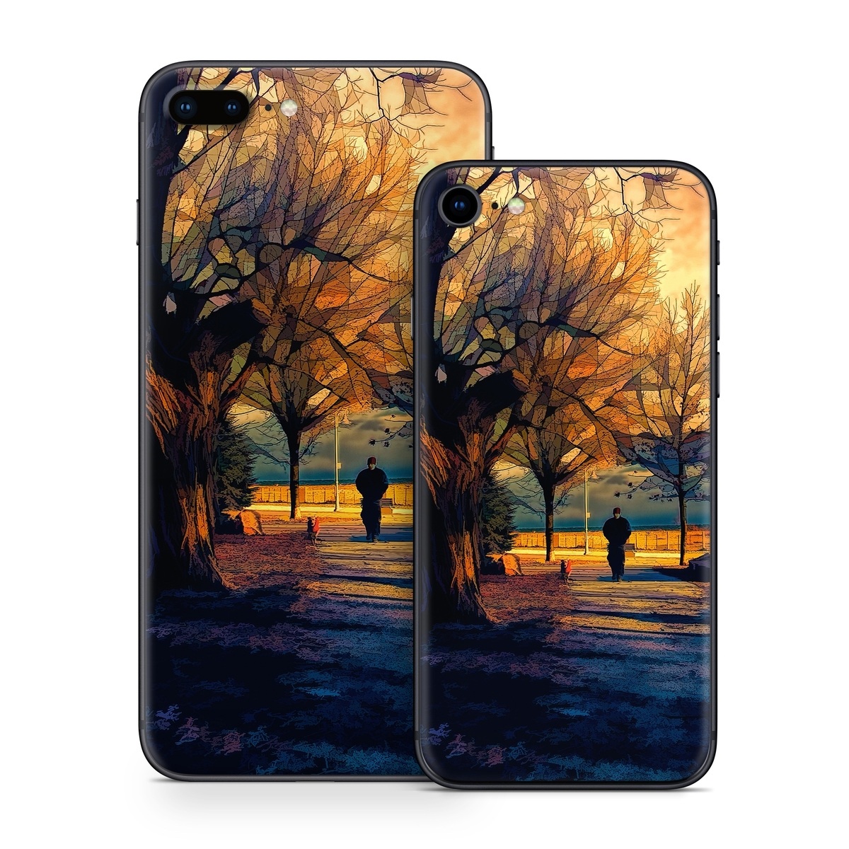 iPhone 8 Series Skin design of Sky, Nature, Natural landscape, Tree, Cloud, Sunset, Evening, Morning, Sunrise, Horizon, with black, brown, yellow, orange, blue colors