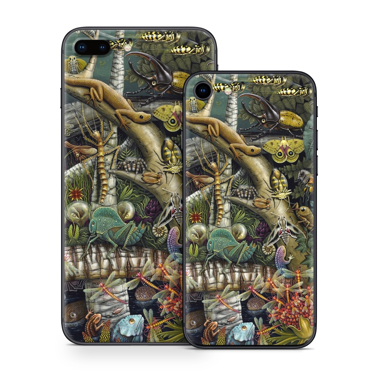 iPhone 8 Series Skin design of Strategy video game, Mythology, Art, Games, Plant, Painting, Adventure game, Jungle, Fictional character, Nepenthes, with green, brown, red, yellow, gray, blue, white colors