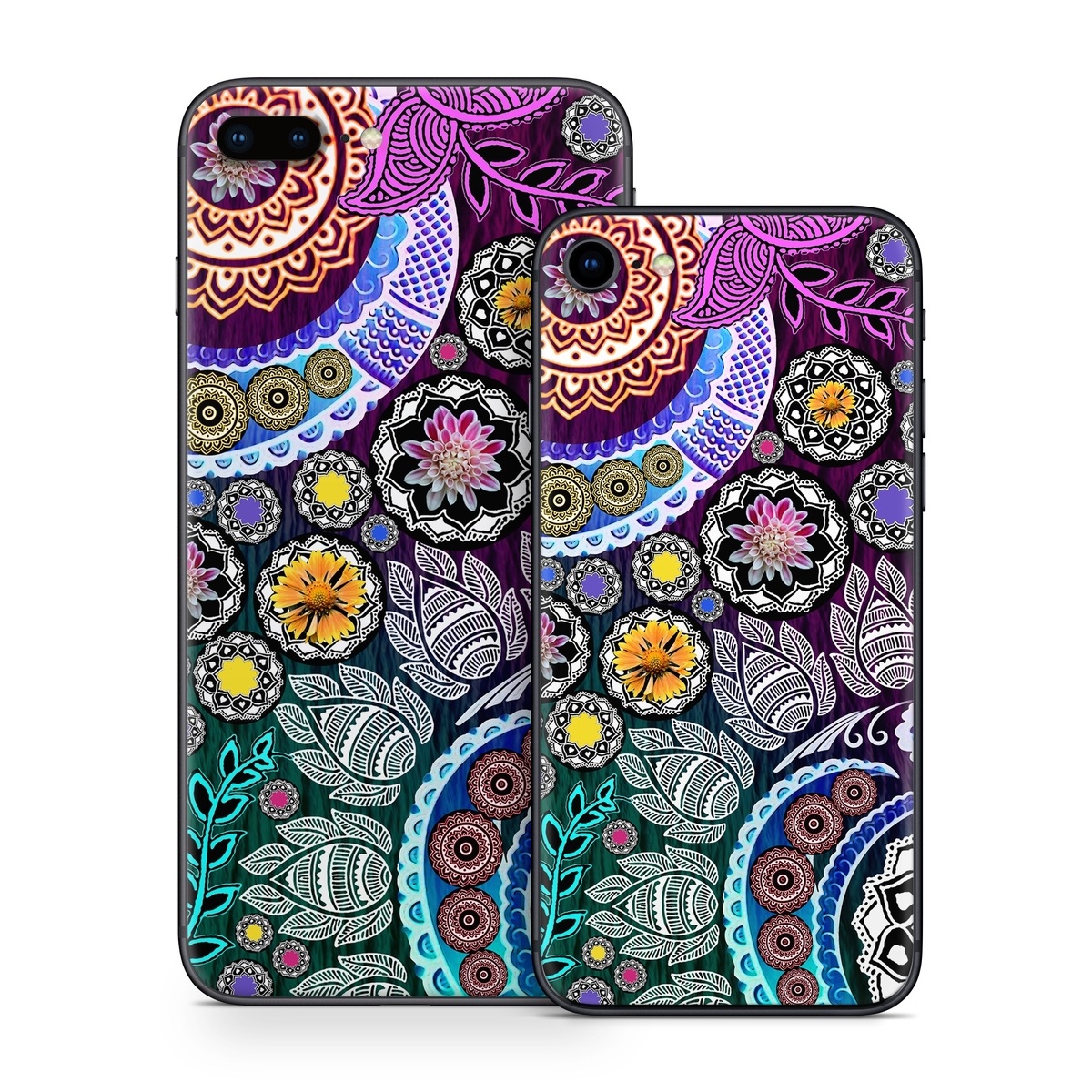 iPhone 8 Series Skin design of Pattern, Psychedelic art, Art, Visual arts, Design, Floral design, Textile, Motif, Circle, Illustration, with black, gray, purple, blue, green, red colors