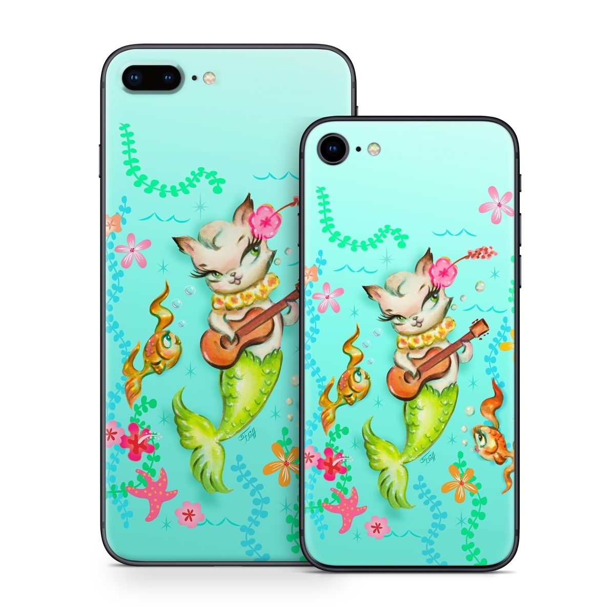 iPhone 8 Series Skin design of Fictional character, Illustration, Mermaid, Mythical creature, Clip art, Art, with blue, green, pink, yellow, orange, white, gray, brown colors