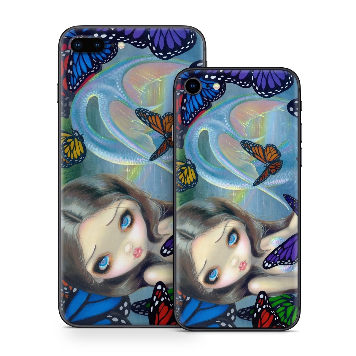 iPhone 8 Series Skin design of Butterfly, Insect, Monarch butterfly, Moths and butterflies, Cynthia (subgenus), Invertebrate, Pollinator, Brush-footed butterfly, Organism, Art, with gray, black, blue, red, pink colors
