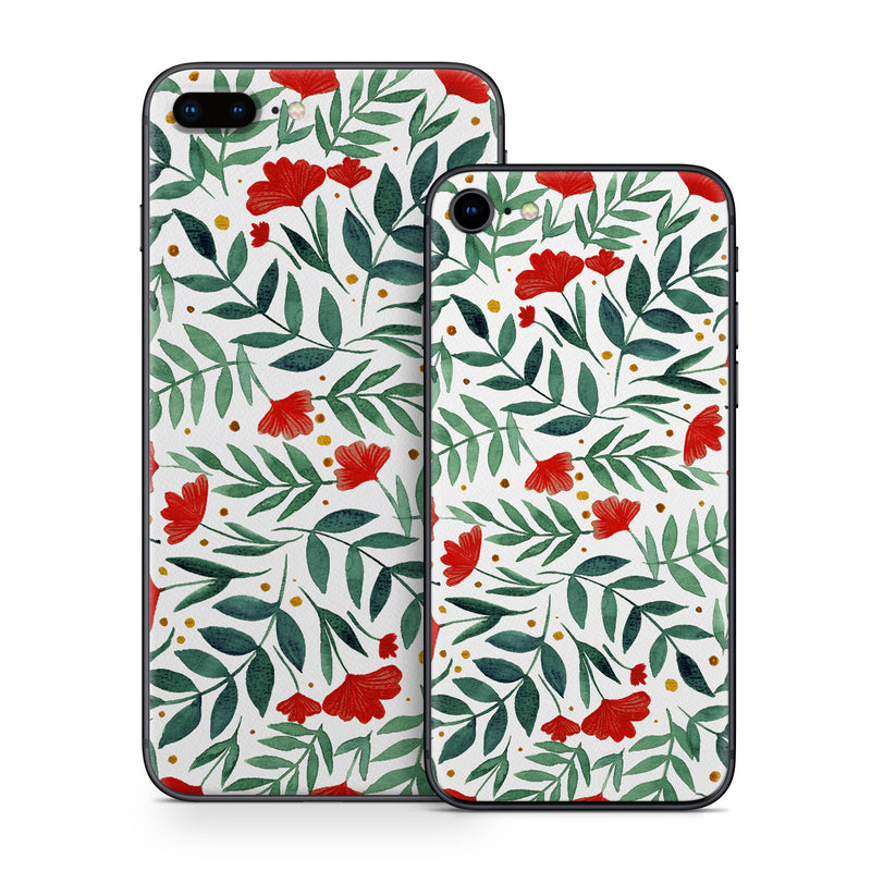 iPhone 8 Series Skin design of Flower, Plant, Textile, Line, Petal, Pattern, Flowering plant, Pedicel, Creative arts, Rectangle, with red, green, orange, white colors