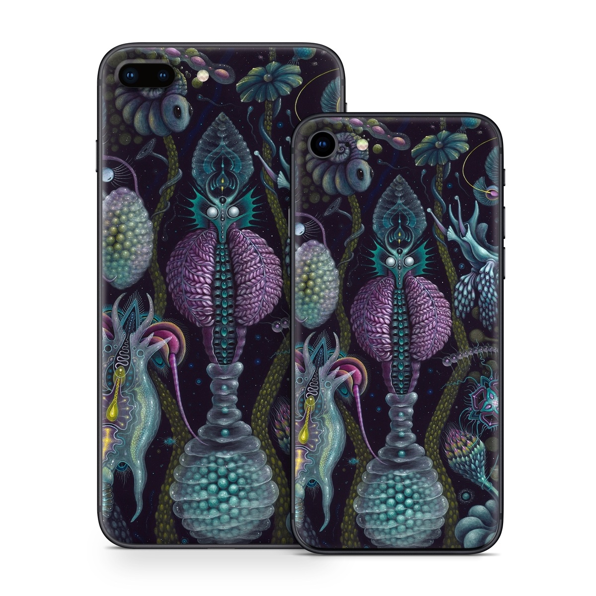 iPhone 8 Series Skin design of Organism, Pattern, Art, Illustration, Fractal art, Psychedelic art, Design, Visual arts, Plant, Modern art, with black, green, purple, pink, yellow, blue colors