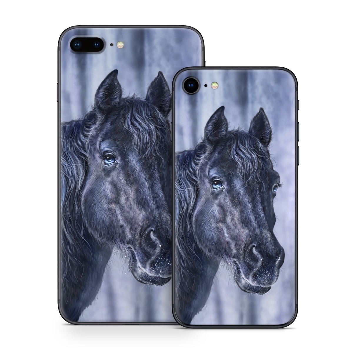 iPhone 8 Series Skin design of Horse, Mammal, Vertebrate, Hair, Mane, Stallion, Snout, Mare, Mustang horse, Livestock, with black, white, blue colors