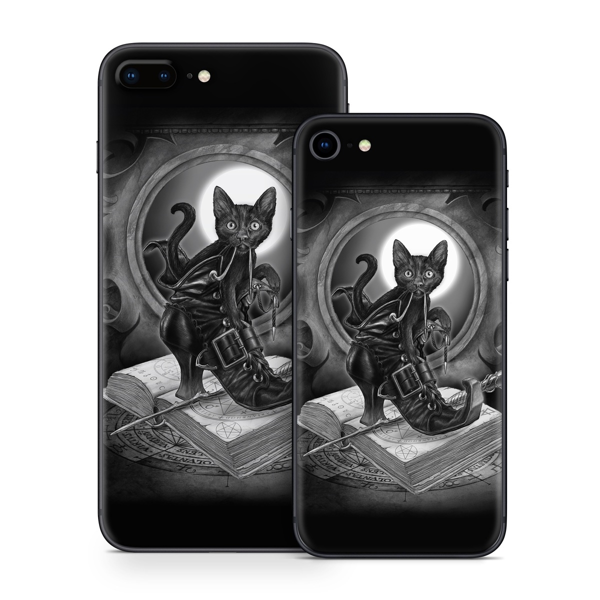 iPhone 8 Series Skin design of Cat, Boot, Book, Wand, Shoelace, Mirror, with black, white, gray colors