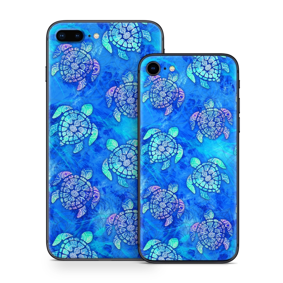 iPhone 8 Series Skin design of Blue, Pattern, Organism, Design, Sea turtle, Plant, Electric blue, Hydrangea, Flower, Symmetry, with blue, green, purple colors