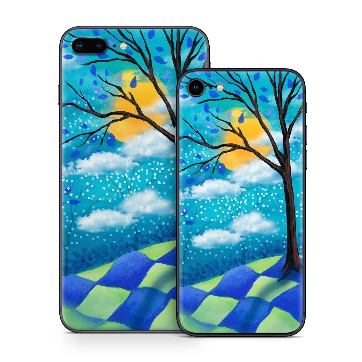iPhone 8 Series Skin design of Natural landscape, Nature, Blue, Tree, Sky, Branch, Spring, Woody plant, Plant, Leaf, with blue, gray, black, purple, green colors