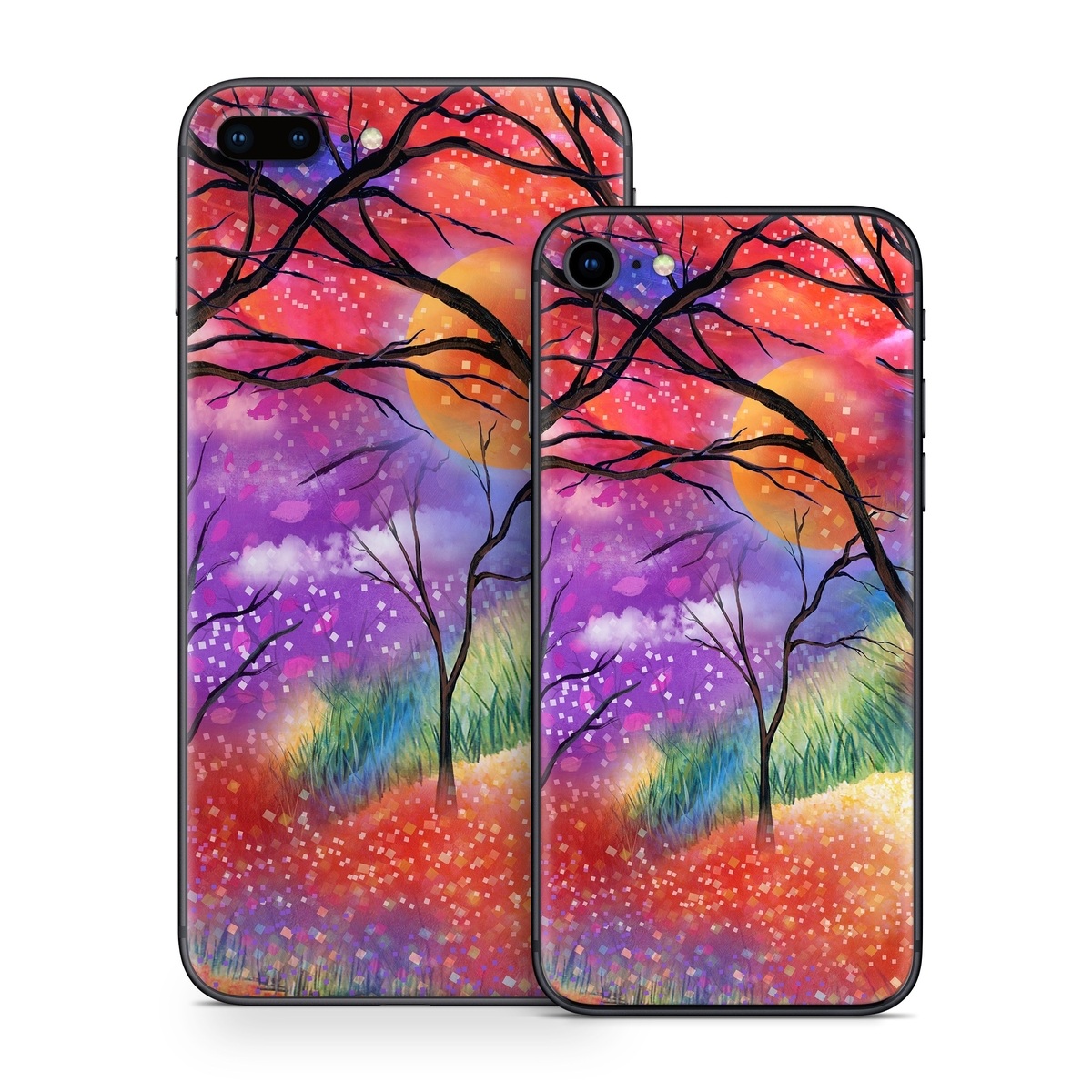 iPhone 8 Series Skin design of Nature, Tree, Natural landscape, Painting, Watercolor paint, Branch, Acrylic paint, Purple, Modern art, Leaf, with red, purple, black, gray, green, blue colors
