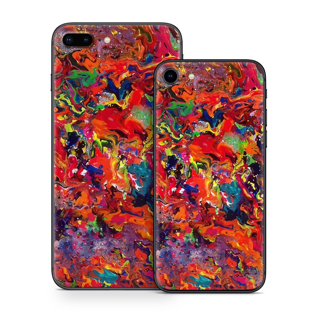 iPhone 8 Series Skin design of Colorfulness, Modern art, Acrylic paint, Painting, Visual arts, Art, Psychedelic art, Textile, Pattern, Paint, with red, yellow, green, orange, yellow colors