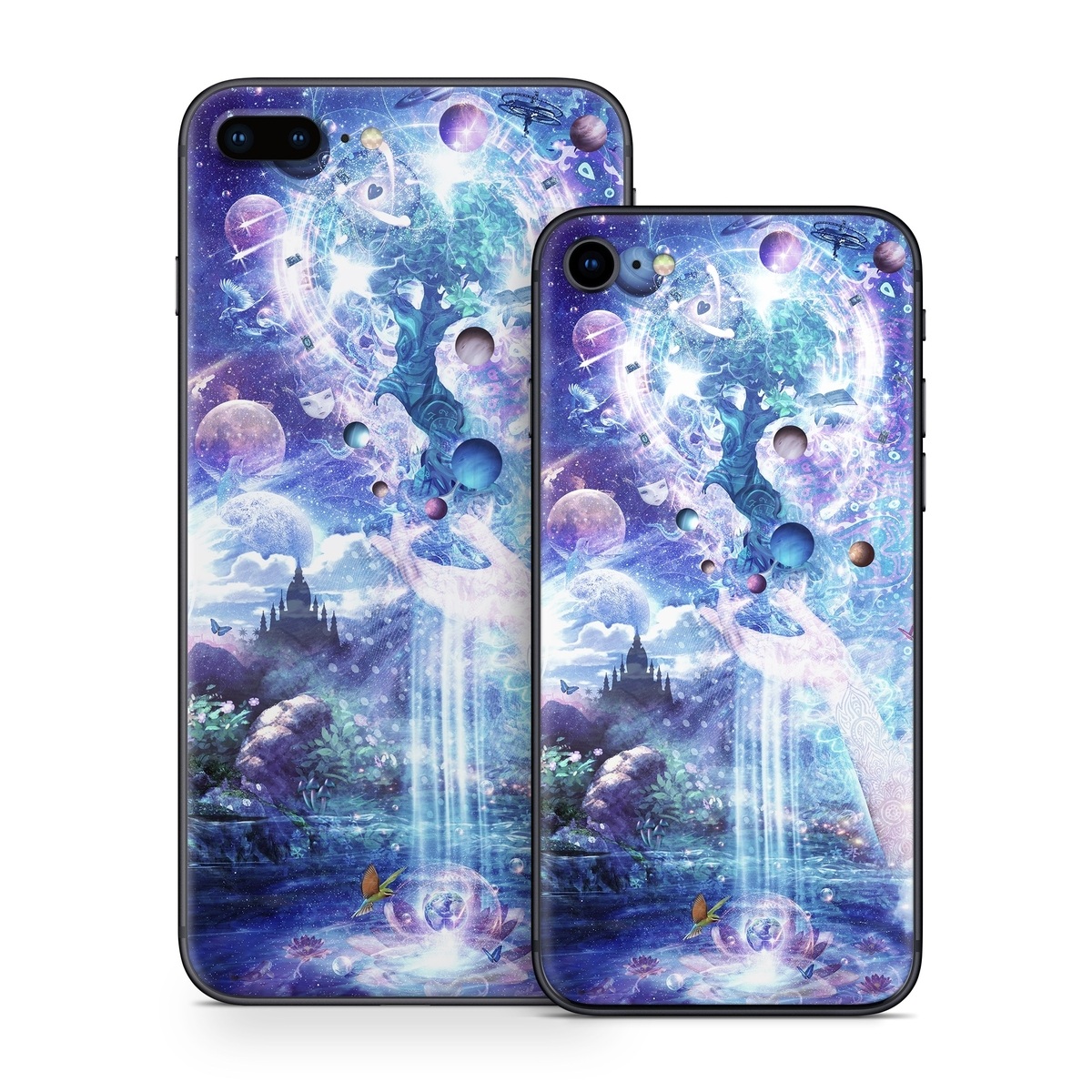 iPhone 8 Series Skin design of Bird, Butterfly, Planets, Deer, Space, Purple, World, Astronomical Object, Cg Artwork, Illustration, Universe, Painting, Fictional Character, Outer Space, Astronomy, Science, Water Feature, Graphic Design, Graphics, Star, Mythology, with blue, purple, white, black, gray, green colors
