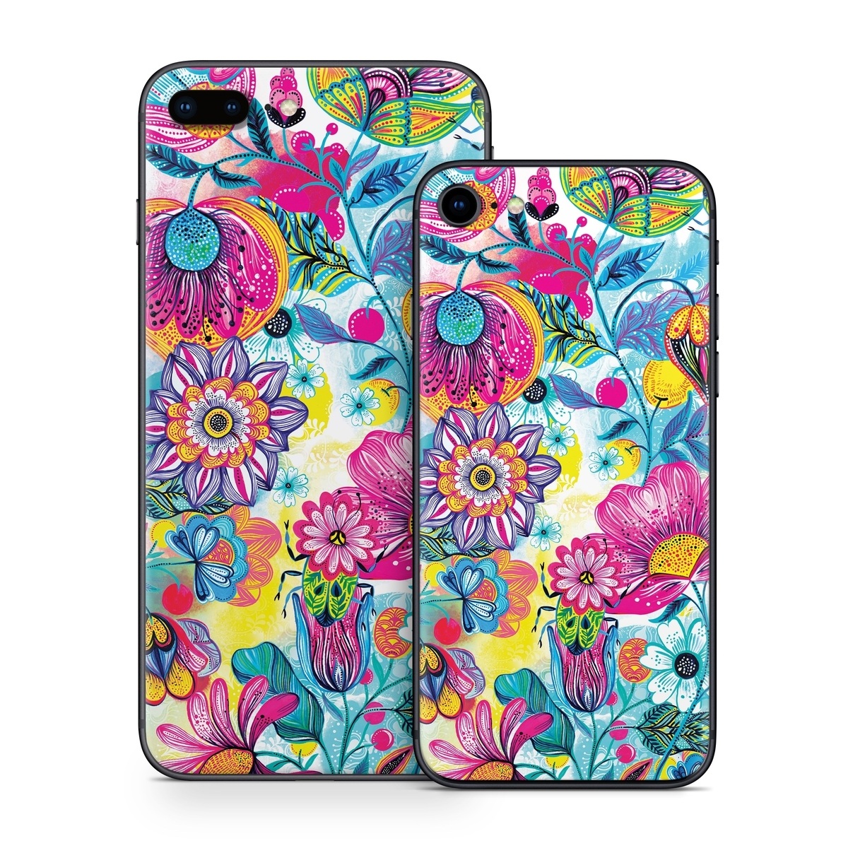 iPhone 8 Series Skin design of Pattern, Floral design, Textile, Design, Flower, Wildflower, Visual arts, Plant, Wrapping paper, with blue, pink, purple, green, yellow, orange, white colors