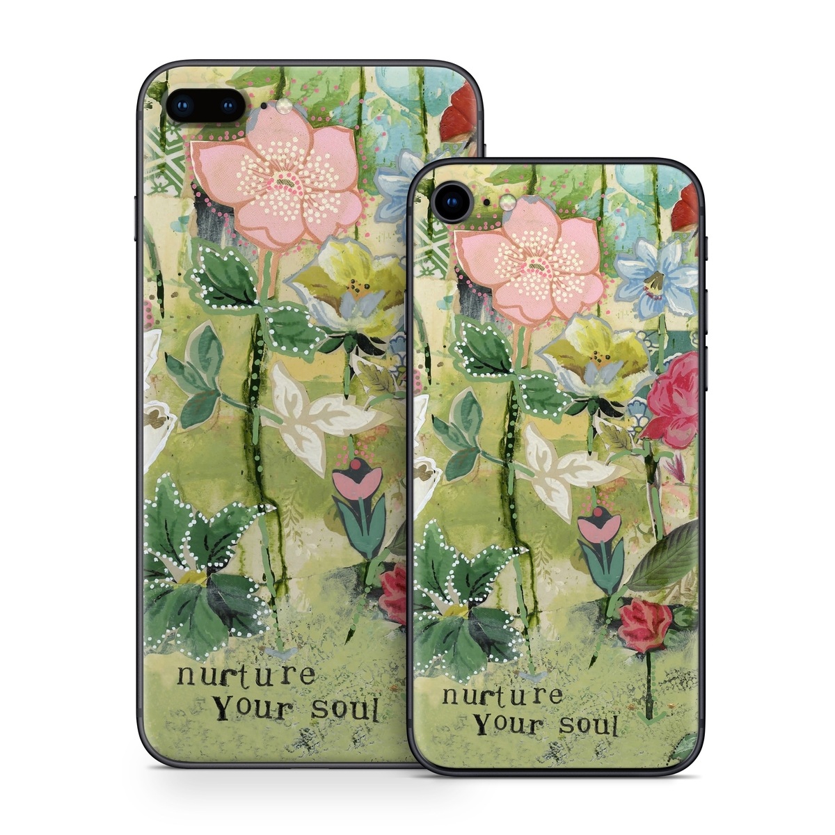 iPhone 8 Series Skin design of Flower, Plant, Botany, Pink, Wildflower, Flowering plant, Watercolor paint, Petal, Floral design, Pattern, with green, pink, red, blue, white, black colors
