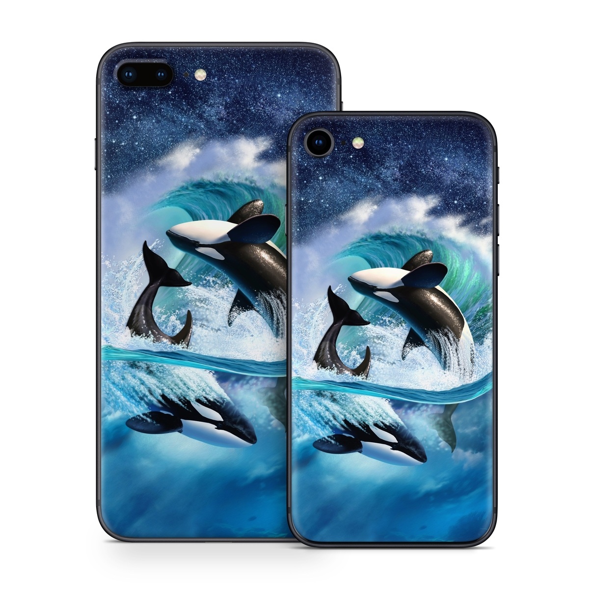 iPhone 8 Series Skin design of Dolphin, Short-beaked common dolphin, Sky, Cetacea, Killer whale, Marine mammal, Water, Illustration, Bottlenose dolphin, Common bottlenose dolphin, with black, blue, white, green colors