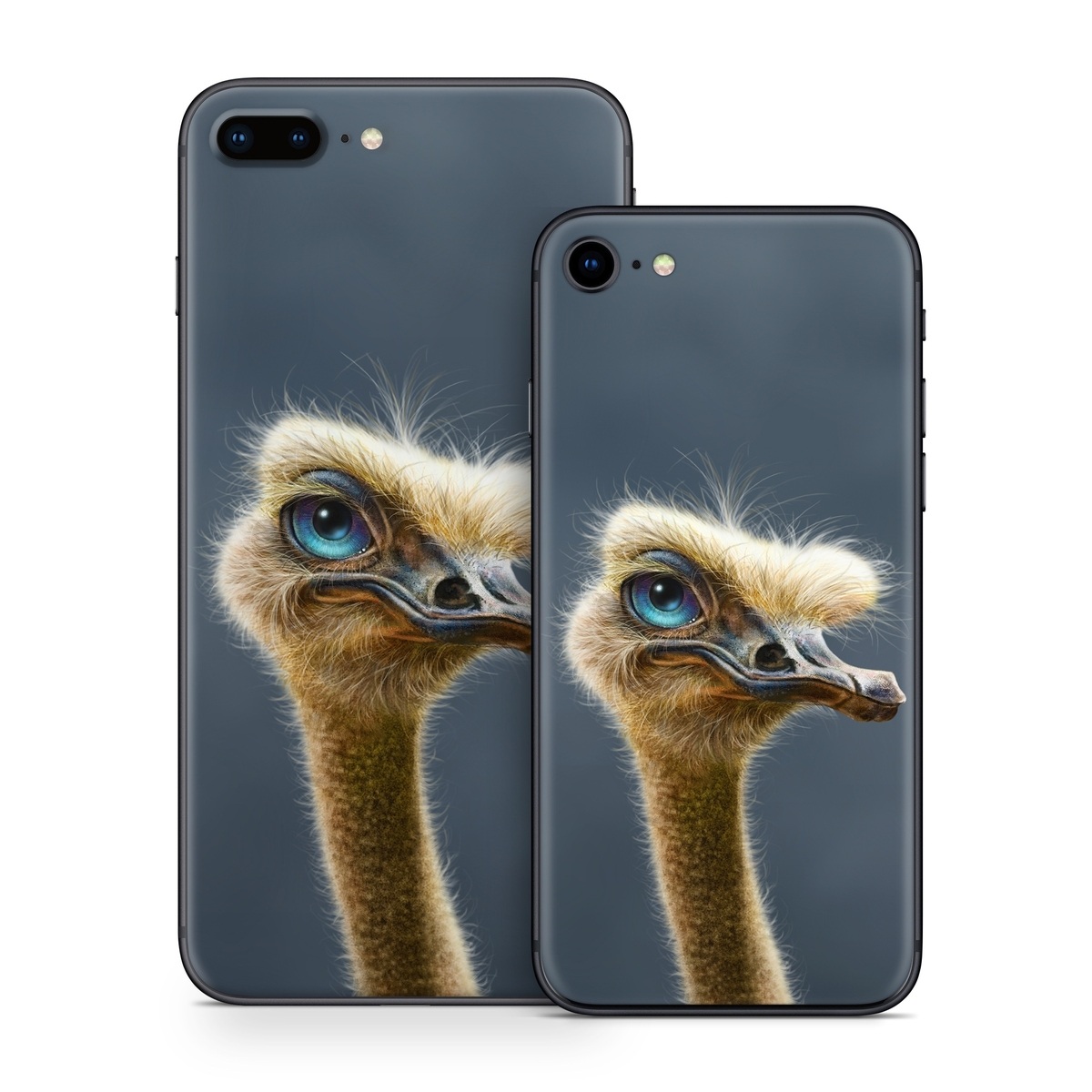 iPhone 8 Series Skin design of Ostrich, Flightless bird, Ratite, Bird, Beak, Close-up, Emu, Wildlife, Organism, Terrestrial animal, with black, gray, blue, green, red colors