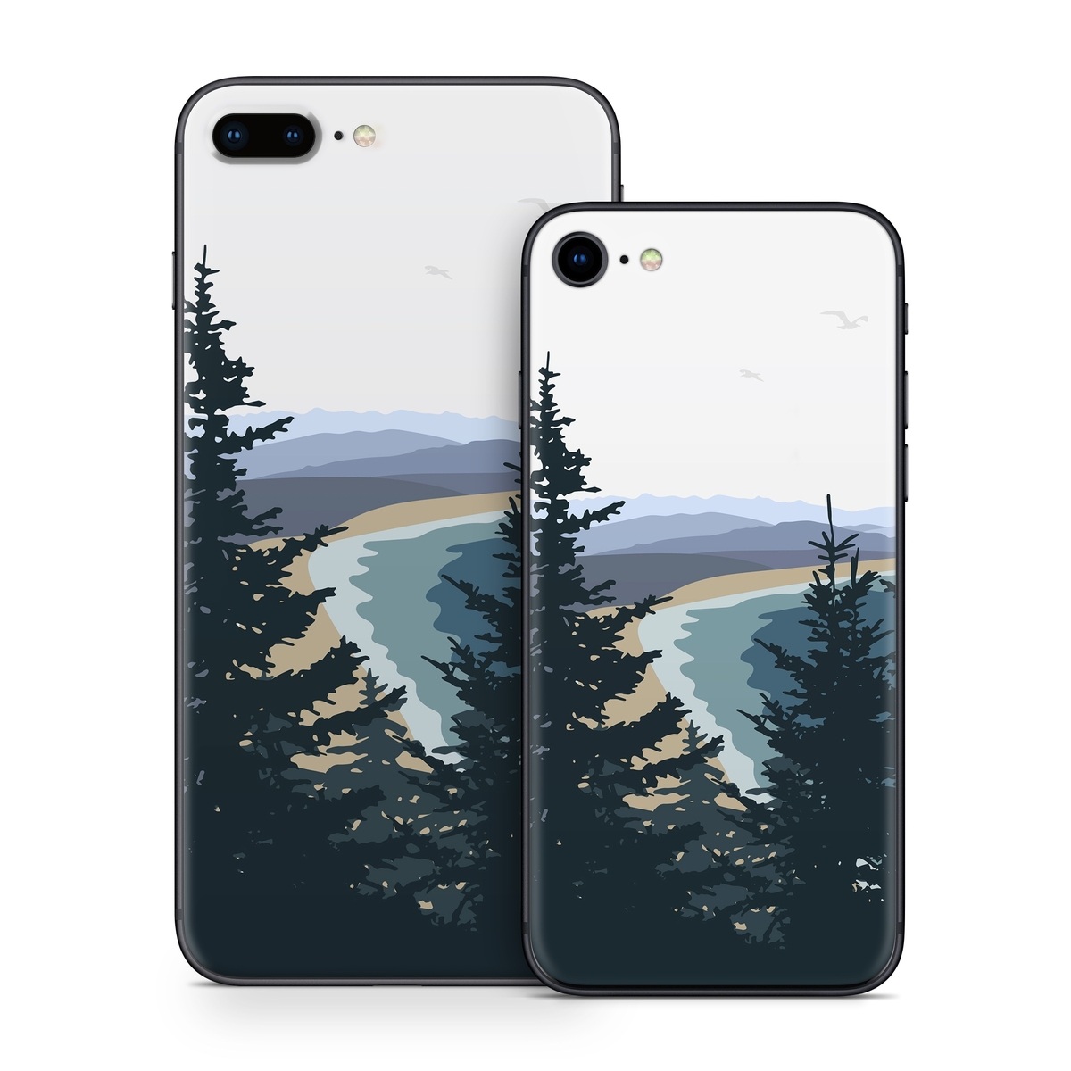 iPhone 8 Series Skin design of Sky, Plant, Mountain, Natural landscape, Branch, Larch, Tree, Highland, Atmospheric phenomenon, Evergreen, with white, blue, yellow, gray, black, green colors