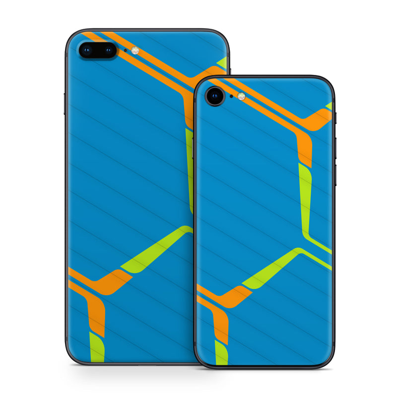 iPhone 8 Series Skin design of Azure, Triangle, Rectangle, Parallel, Electric blue, Symmetry, Font, Pattern, Circle, Sky, with blue, orange, green colors