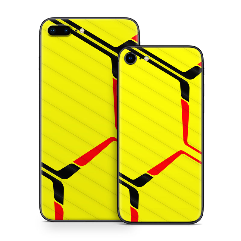 iPhone 8 Series Skin design of Rectangle, Yellow, Parallel, Font, Tints and shades, Wood, Triangle, Pattern, Graphics, Symmetry, with yellow, black, red colors