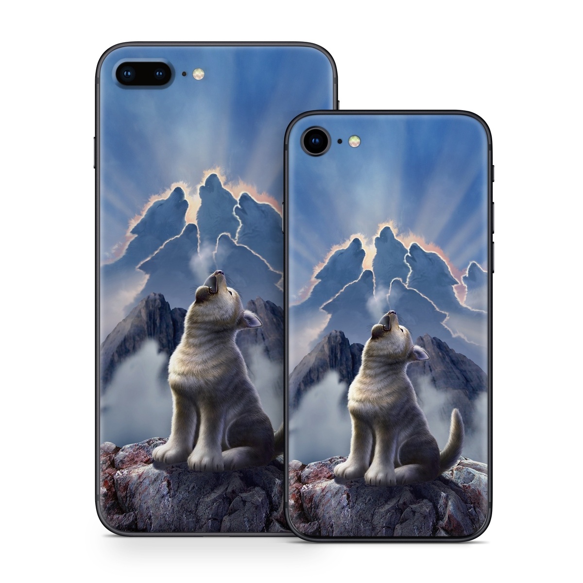 iPhone 8 Series Skin design of Sky, Cloud, Atmosphere, Rock, Wolf, Photography, Cg artwork, Illustration, Mountain, Mythology, with white, blue, gray, brown colors