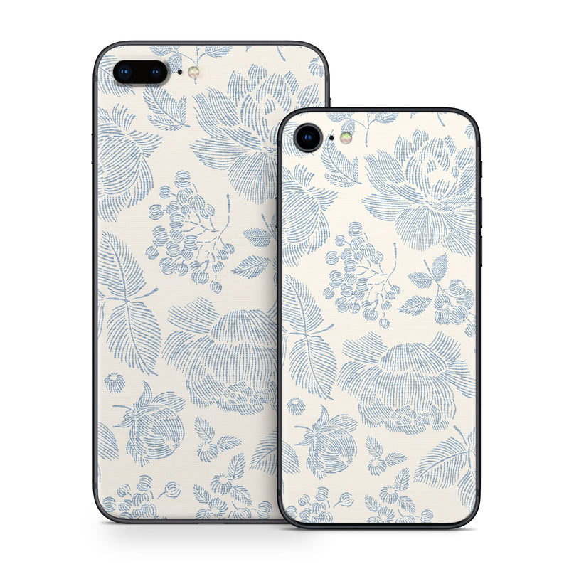 iPhone 8 Series Skin design of White, Botany, Leaf, Textile, Branch, Organism, Art, Aqua, Line, Rectangle, with white, blue colors