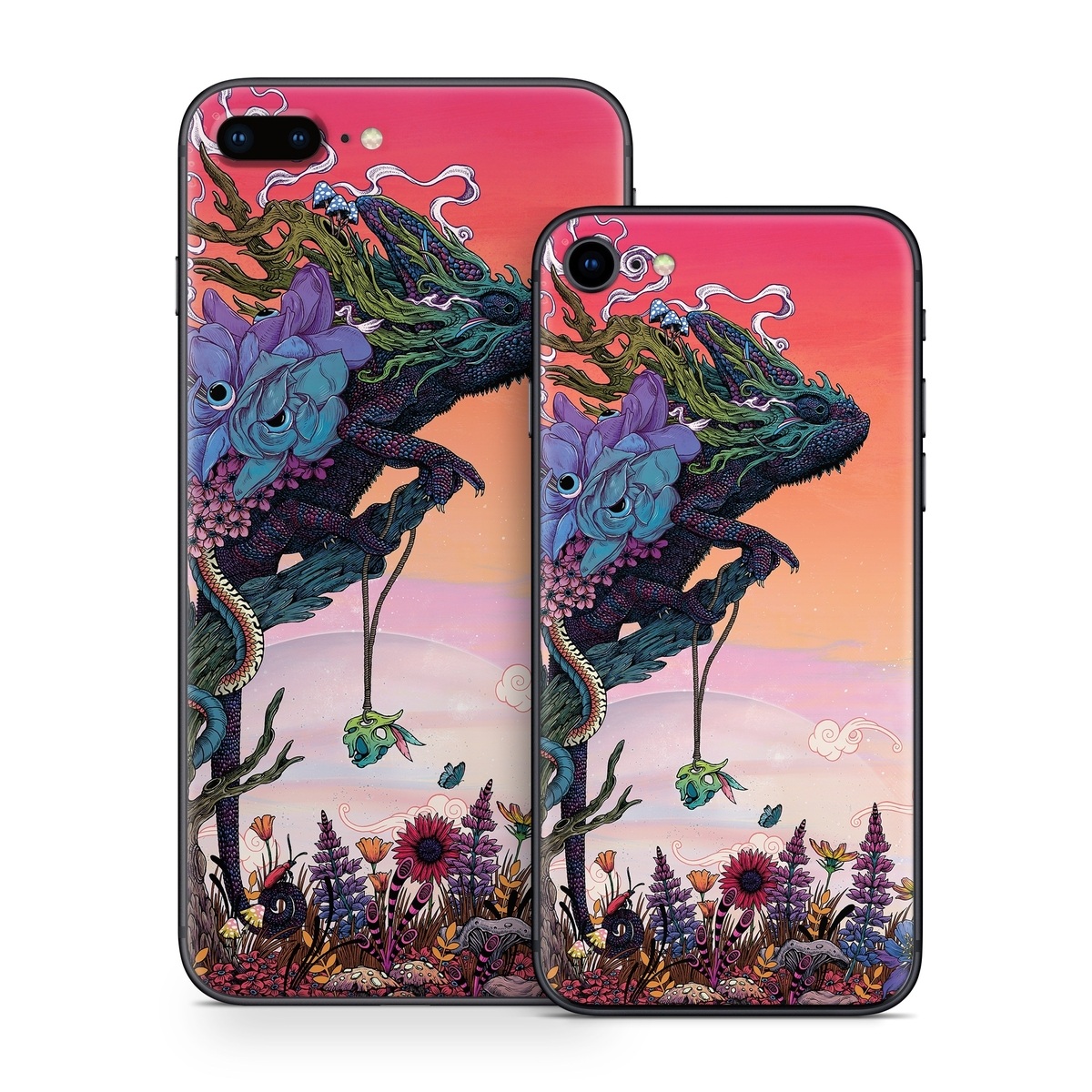 iPhone 8 Series Skin design of Illustration, Fictional character, Fiction, Art, Organism, Plant, Tree, Graphic design, Cg artwork, with red, orange, green, purple, white, blue, brown colors