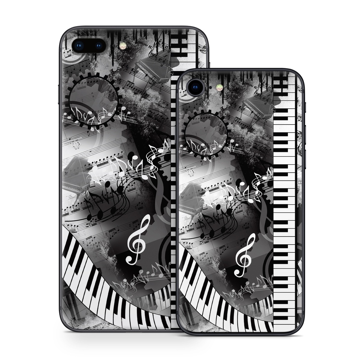 iPhone 8 Series Skin design of Music, Monochrome, Black-and-white, Illustration, Graphic design, Musical instrument, Technology, Musical keyboard, Piano, Electronic instrument, with black, gray, white colors