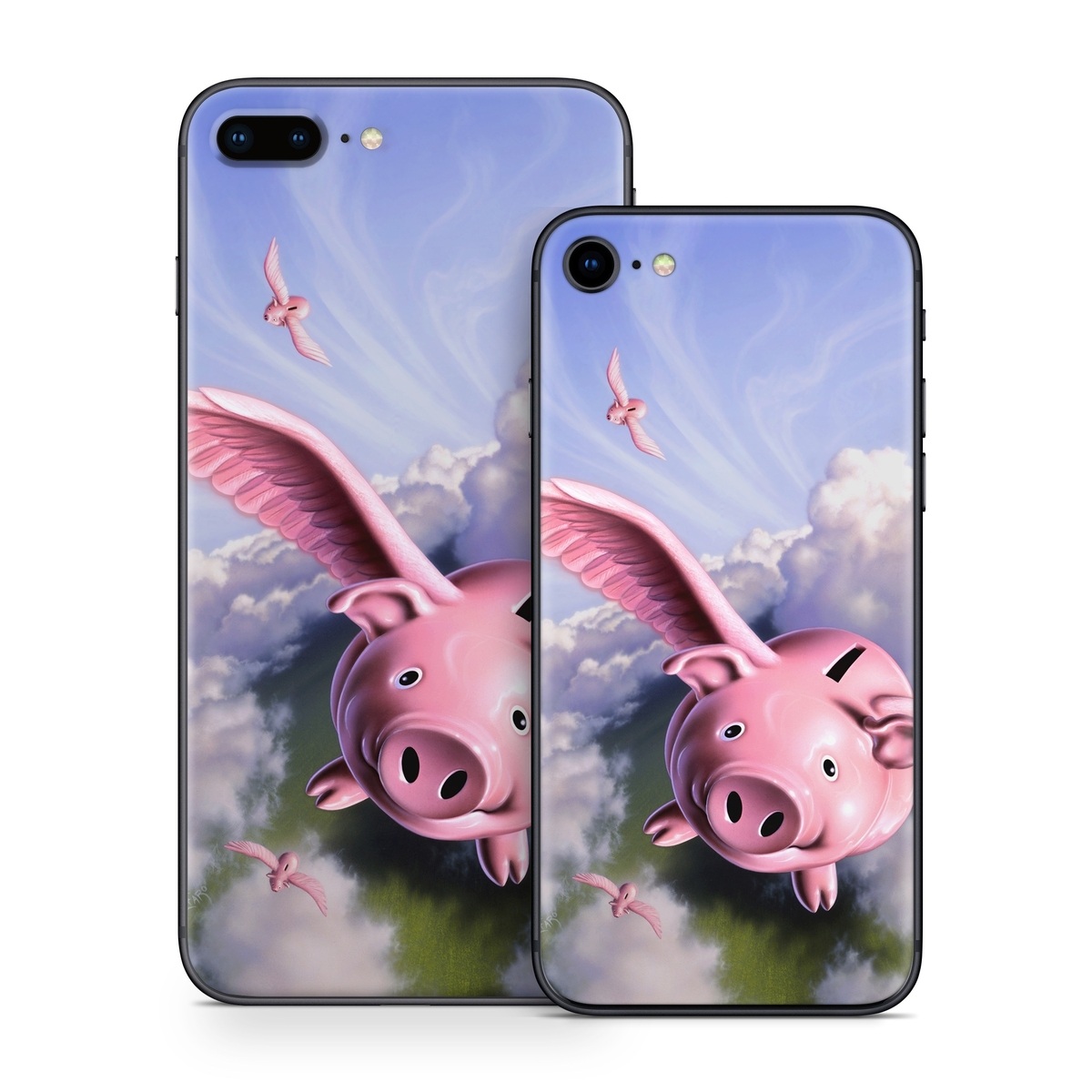 iPhone 8 Series Skin design of Cloud, Sky, Happy, Pink, Bird, Art, Wing, Snout, Wind, Fictional character, with pink, white, blue, gray, green colors