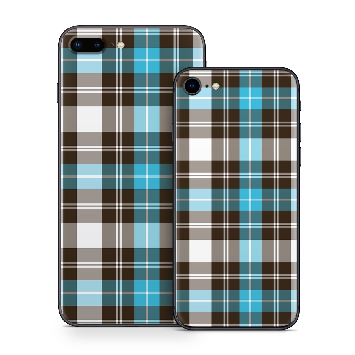 iPhone 8 Series Skin design of Plaid, Pattern, Tartan, Turquoise, Textile, Design, Brown, Line, Tints and shades, with gray, black, blue, white colors